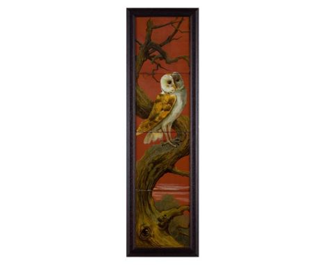 ENGLISH FRAMED FOUR-TILE PANEL, CIRCA 1890 glazed ceramic, painted with an owl on a branch, each tile 20cm square; together w