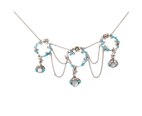 ENGLISH ARTS &amp; CRAFTS NECKLACE, CIRCA 1900 white metal, enamel, moonstone cabochonsDimensions:central panel drop approx 5