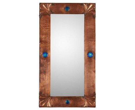 ENGLISH  ARTS &amp; CRAFTS MIRROR, CIRCA 1900 copper, set with four enamel roundels and a mirrored glass plateDimensions:73cm
