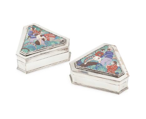 ENGLISH PAIR OF ART DECO 'SPORTING' COVERED TRINKET BOXES, CIRCA 1930 electroplated silver, cloisonne enamelDimensions:17cm w