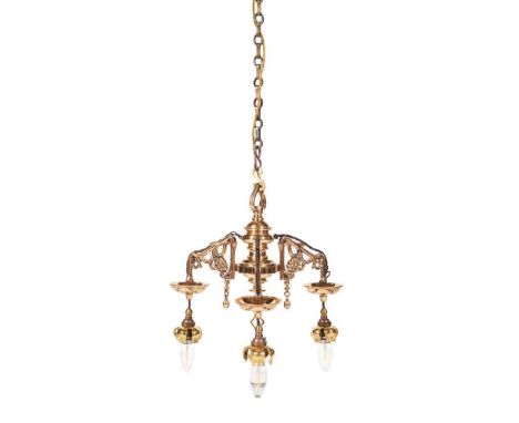 SIR ROBERT LORIMER (1864-1929) ARTS &amp; CRAFTS THREE-BRANCH CHANDELIER, CIRCA 1900 polished and cast brass alloyDimensions: