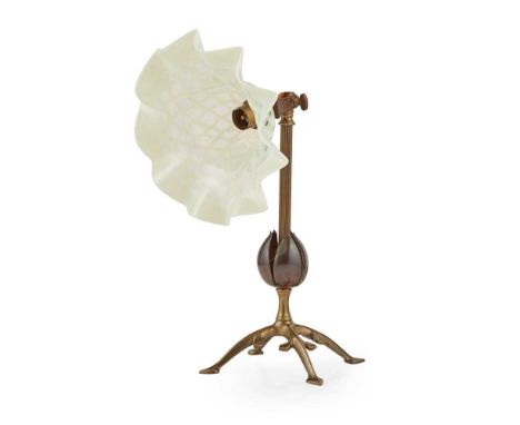 W.A.S. BENSON (1854-1924) ARTS &amp; CRAFTS ADJUSTABLE TABLE LAMP, CIRCA 1900 brass and copper, with associated opalescent gl