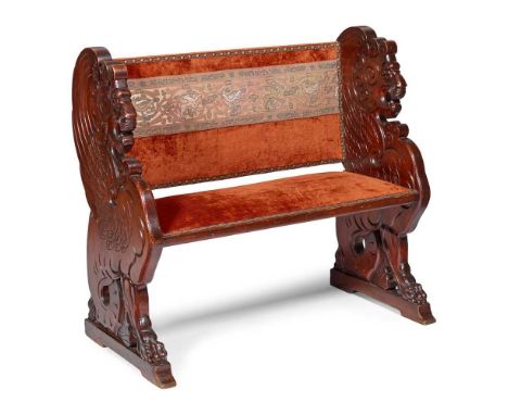 ENGLISH HALL BENCH, CIRCA 1885 pine, with later antique velvet- close-nailed upholstery and medievalist braid trim  Dimension