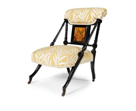 ENGLISH, MANNER OF CHRISTOPHER DRESSER AESTHETIC MOVEMENT LOW CHAIR, CIRCA 1890 ebonised wood, with a painted panel and later