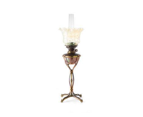 W.A.S. BENSON (1854-1924) ARTS &amp; CRAFTS OIL LAMP, CIRCA 1890 brass and copper, stamped BENSON, with opalescent glass shad