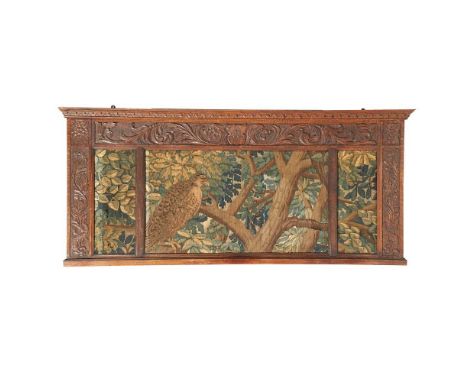 ENGLISH  ARTS &amp; CRAFTS OVERMANTEL, CIRCA 1900 oak, inset with tapestry panelsDimensions:75cm x 162cm