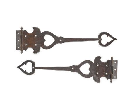 C.F.A. VOYSEY (1857-1941) FOR THOMAS ELSLEY &amp; CO. PAIR OF ARTS &amp; CRAFTS HINGES, CIRCA 1900 patinated bronze, each sta