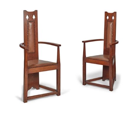 M. H.  BAILLIE SCOTT (1865-1945) (ATTRIBUTED DESIGNER) PAIR OF ARTS &amp; CRAFTS HIGH BACK ARMCHAIRS, CIRCA 1895 oak, with le