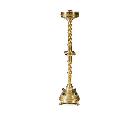 ENGLISH  GOTHIC REVIVAL CANDLESTICK, CIRCA 1870 brass, set with jewelled cabochons Dimensions:123cm high