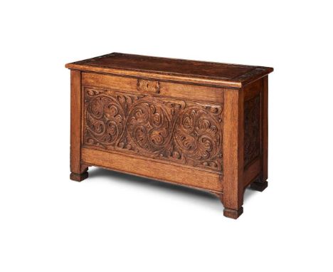 ALEXANDER RITCHIE (1856-1941), IONA (ATTRIBUTED MAKER) CELTIC REVIVAL CHEST, CIRCA 1900 oak, with original key and hand-beate