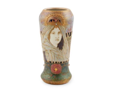 REISSNER, STELLMACHER &amp; KESSEL 'AMPHORA' PORTRAIT VASE, CIRCA 1900 porcelain, polychrome glazed with gilt highlights, red