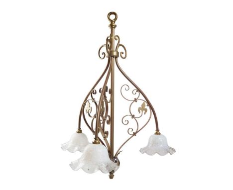 ENGLISH GOTHIC REVIVAL CEILING LIGHT, CIRCA 1890 brass, with associated opalescent glass shades Dimensions:83cm high, 64cm di