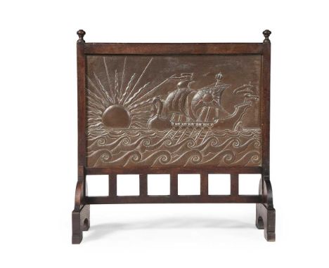 JOHN PEARSON (1859-1930)  ARTS & CRAFTS FIRESCREEN, DATED 1895 repoussé-decorated copper with stained oak frame, signed verso