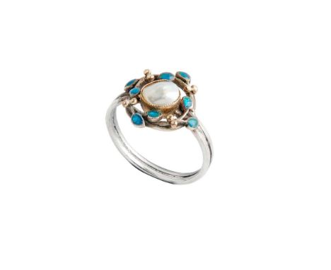JESSIE MARION KING (1875-1949) FOR LIBERTY &amp; CO., LONDON ARTS &amp; CRAFTS RING, CIRCA 1900 white metal, enamel, blister 