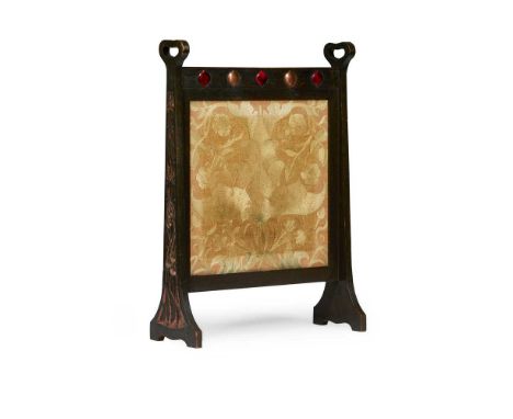 MANNER OF C.R. ASHBEE  ARTS &amp; CRAFTS FIRESCREEN, CIRCA 1900 oak, copper, enamel on copper, silkwork embroidery, glassDime