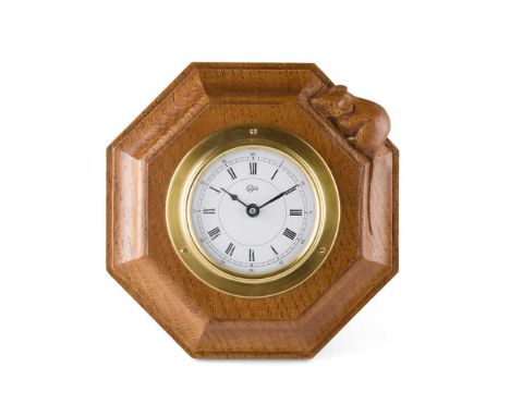 ROBERT 'MOUSEMAN' THOMPSON (1876-1955) OCTAGONAL WALL CLOCK, CIRCA 1980S oak, fitted a Barigo movement, carved mouse signatur