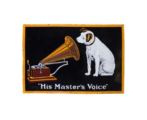 HIS MASTER'S VOICE (HMV) ORIGINAL ENAMEL SIGN, CIRCA 1930 enamelled metal, printed maker's marks lower left BENGAL ENAMEL, PA