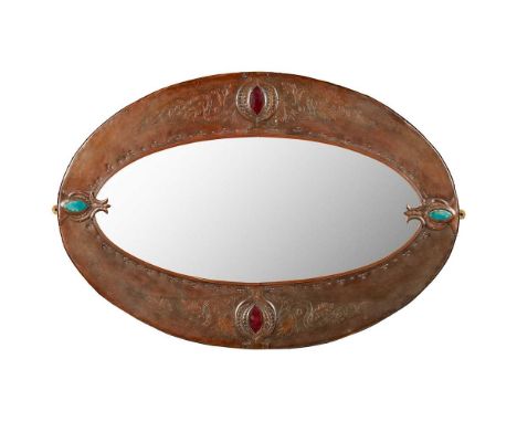 ENGLISH ARTS &amp; CRAFTS WALL MIRROR, CIRCA 1900 chased and repoussé-decorated copper, ceramic panels, mirrored glass plateD
