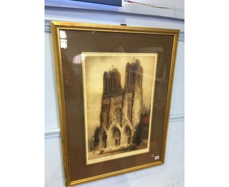 Print, 'The West front of Rheims Cathedral', signed in pencil, John Alfhege Brewer, 62 x 40cm