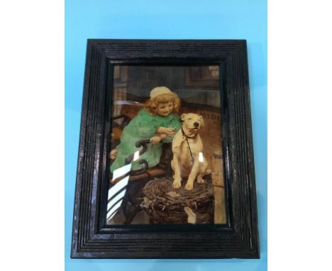 A Crystoleum of a girl on a bench feeding a dog, signed Arthur J. Elsley, 1896, 26 x 16cm