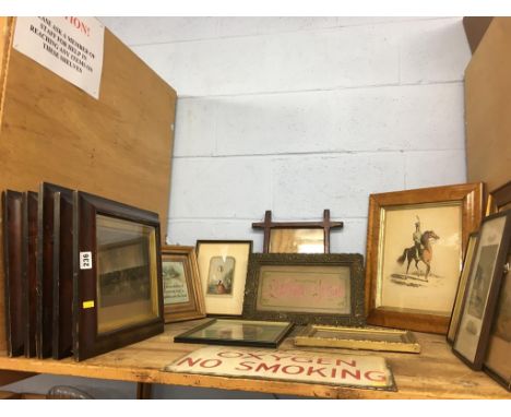 Various antique prints and an enamel sign