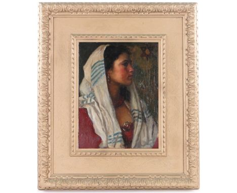 19th century oil on canvas, portrait of a Jewish girl wearing a shawl with Star of David in the background, unsigned, 16" x 1