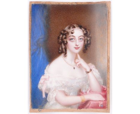 A 19th century miniature watercolour on ivory, portrait of Lady Louisa Hughan, unsigned, 5" x 3.5", details on original backb