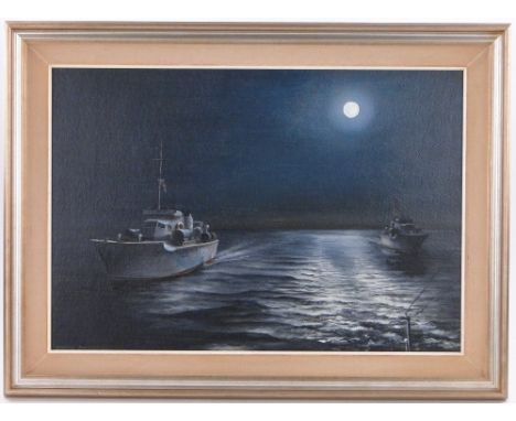 Harold Garland (Canadian 1918-2009),
oil on board, navy MTBs by moonlight, signed with artist information verso, 18" x 26", f