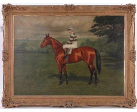 19th century oil on canvas, portrait of a race horse with Fred Archer, unsigned, 18" x 24", framed.