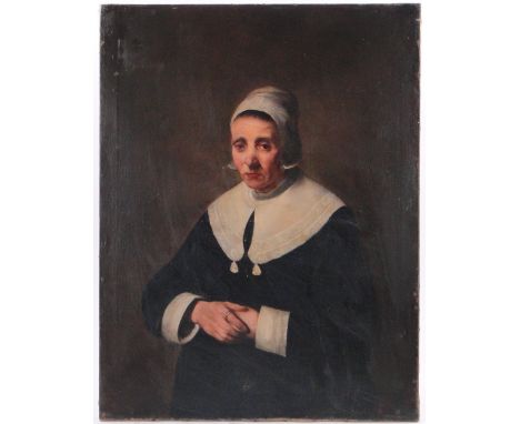 19th century oil on canvas, half length portrait of a Quaker woman, unsigned, 31" x 24", unframed.
