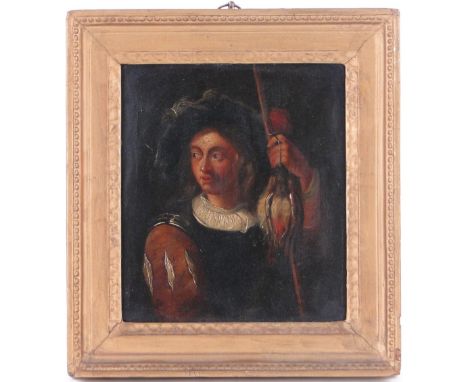 18th century oil on oak panel, portrait of a continental soldier, unsigned, 8.25" x 7", framed.