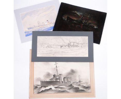 Watercolour, ship portrait, The Freighter Britannic, 10" x 14", pencil sketch, torpedo gun boat sweepers, pencil drawing, Fir