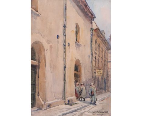 Conrad Carelli (1869-1956),
watercolour, Continental street scene, inscribed "The Langham Sketch Club", signed, 9.5" x 6.5", 