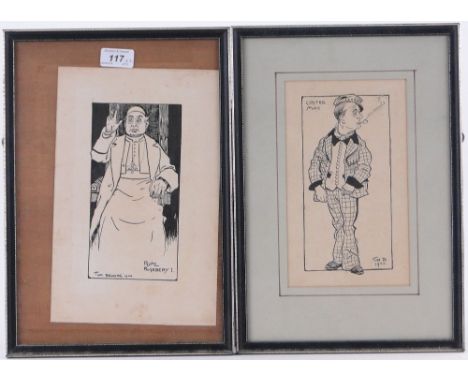Tom Browne,
2 pen and ink caricature portraits, signed and dated 1903, 8" x 4", framed.
