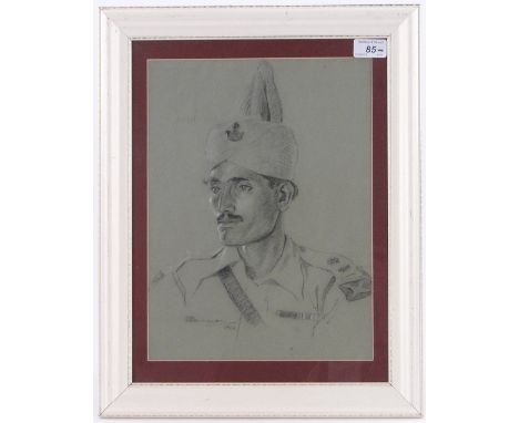 Lieut. Col. C G Borrowman RSW,
charcoal and chalk portrait of an Officer of the 6th Raj Putana Rifles, 13.5" x 10", framed.