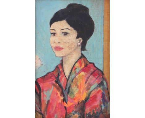 Oil on board, portrait of a Japanese woman, unsigned, 8" x 5.25", framed.