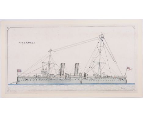 English School,
watercolour/ink, ship portrait HMS Aeolus (second class cruiser 6600 tonnes built Devonport 1891, broken up 1