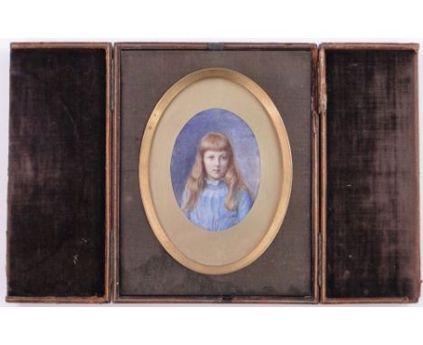 19th century miniature watercolour on ivory, portrait of a young girl, unsigned, 3.5" x 2.5", in original leather case.