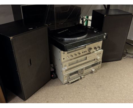 A vintage Hitachi stacking stereo system &amp; Silver Crest record player with a quantity of speakers