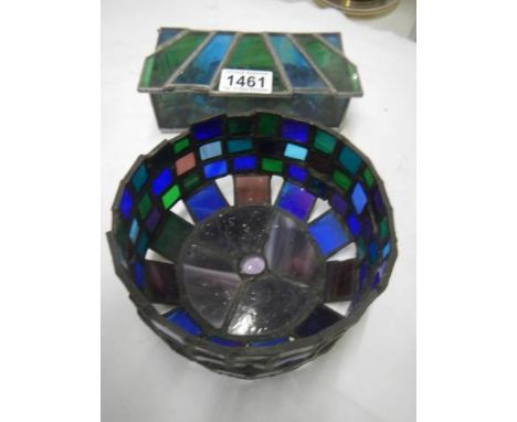 A leaded glass box with coloured glass stone and one other item.
