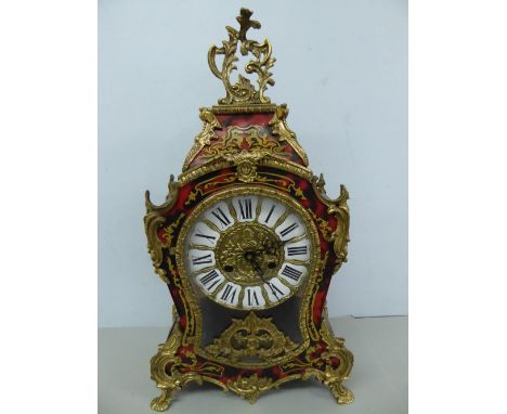 20th C French style red boulle mantel clock with Rococo brass decoration
