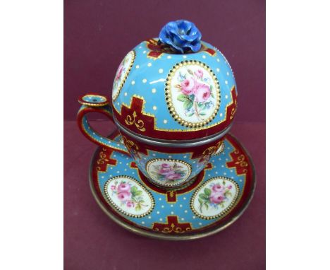 Good quality Continental enamel and metal chocolate cup, cover and saucer with flower finial, oval cartouches of pink roses o