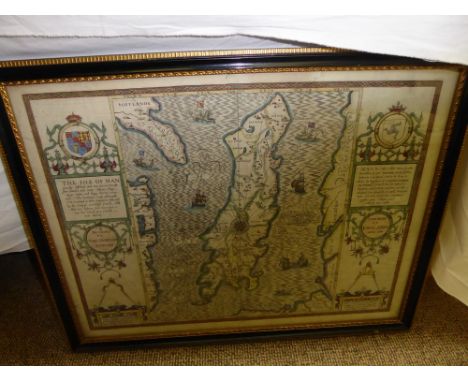 John Speed 1631, Map of the Isle of Man, hand coloured, double glazed, scales 5 miles = 2 1 / 4 ins., 20 miles = 2 3 / 8 ins.
