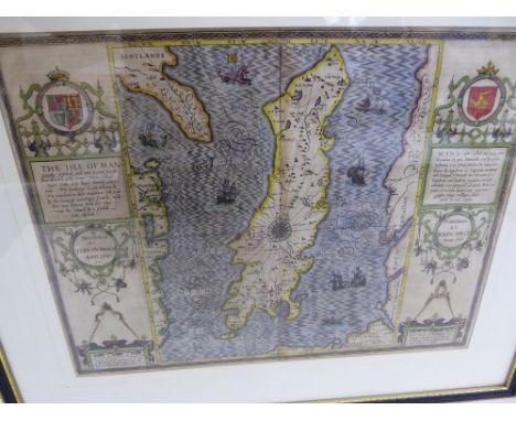 John Speed 1611, Map of the Isle of Man, hand coloured, double glazed, scales 5 miles = 2 1 / 4 ins., 20 miles = 2 3 / 8 ins,