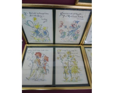 A set of nine water colours after Walter Crane from book illustrations of floral celebrations, 20.5 x 16cm. Circa 1912