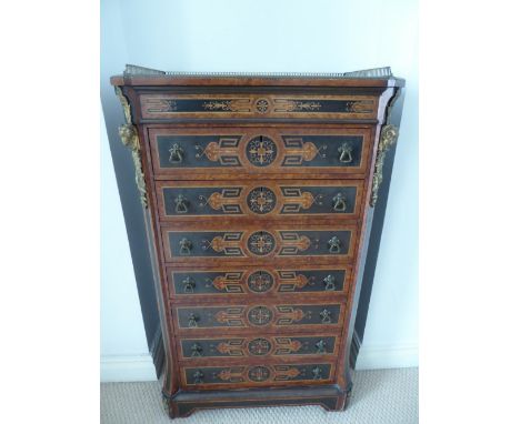Good Quality Victorian burr walnut inlaid seven drawer chest with galleried top, ormolu ram mask mounts to front, ebonised pa