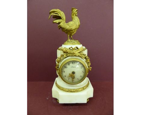 20thC French ormolu and white marble mantel clock with cockerel finial, white painted dial marked Lenoir, Paris, single keyho
