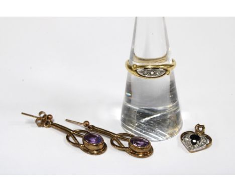 A pair of 9ct gold gemset drop earrings, 9ct gold sapphire pendant and a 9ct gold ring (stone missing) (3)
