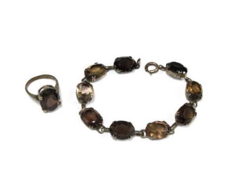 Vintage silver and smoky quartz ring with matching bracelet (2) 
