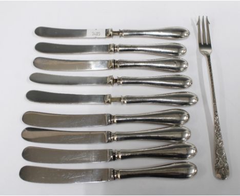 A set of nine silver handled knives and an Epns pickle fork, (10)